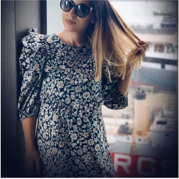 ZARA Black White Printed Floral Ruffle Mini Dress Size Small - Picture 11 of 16